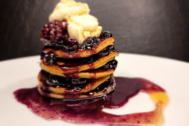 Buttermilk Pancakes with Blueberry compote and clotted cream