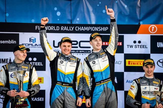 Brian Hoy and Jon Armstrong on the podium celebrating victory in Sweden (Images courtesy of Junior WRC)