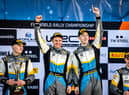 Brian Hoy and Jon Armstrong on the podium celebrating victory in Sweden (Images courtesy of Junior WRC)