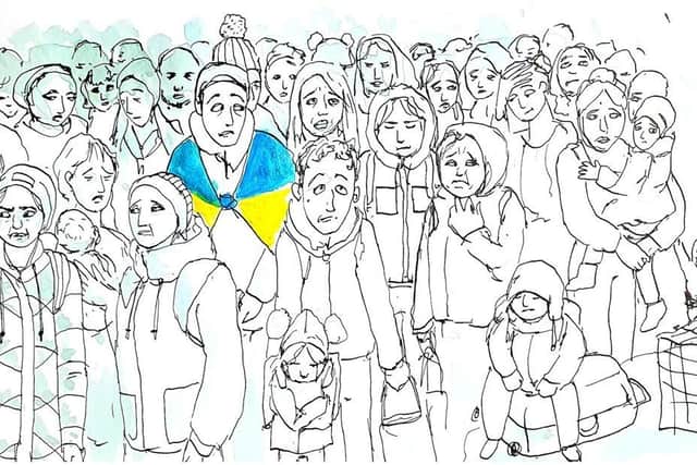 A sketch of Ukrainian citizens by Chrissie Calaghan.