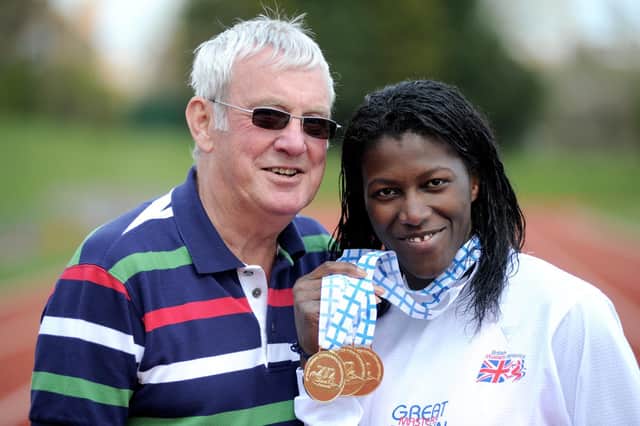 Rugby & Northampton Athletics Club’s Roy Humphries, pictured in 2012 with sprinter Ellena Ruddock, who he coached for more than 30 years
