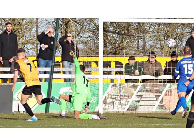 Dan Turner scores in Leamington's 3-0 win over Chester