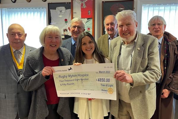Rugby Rotary president Sue Maguire; Myton Hospice fundraiser Laura Haswell; Rugby Rotary TOL organiser Peter Smith