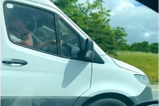 This driver was spotted on a mobile phone driving at speed near J13 on the M40 southbound on 3 July 2021.  Police reviewed the footage and sent a Notice of Intended Prosecution to the company the van belongs to.  The company failed to identify the driver and were taken to court.  They were fined £660 plus £100 costs.