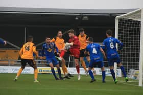 Burton's Callum Hawkins was between the sticks for Leamington at Boston United. Photo: Oliver Atkin