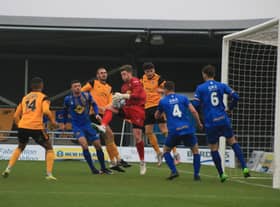 Burton's Callum Hawkins was between the sticks for Leamington at Boston United. Photo: Oliver Atkin