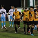 Leamington players celebrate Callum Gittings’ goal against Burton Albion on Tuesday evening which takes them into the Birmingham Senior Cup final  Picture by Sally Ellis