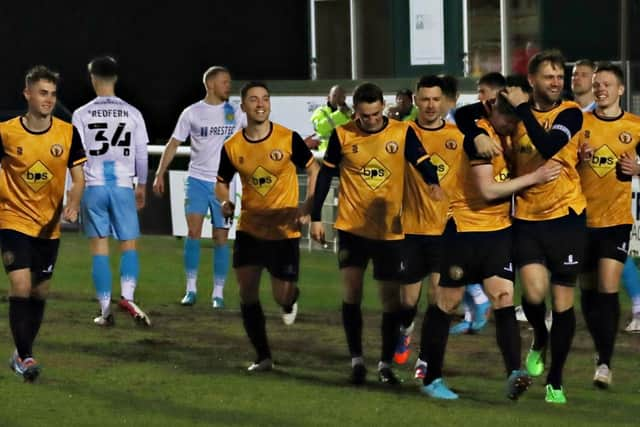 Leamington players celebrate Callum Gittings’ goal against Burton Albion on Tuesday evening which takes them into the Birmingham Senior Cup final  Picture by Sally Ellis