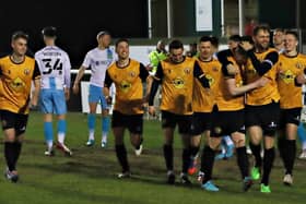 Leamington players celebrate Callum Gittings’ goal against Burton Albion on Tuesday evening which takes them into the Birmingham Senior Cup final  Picture by Sally Ellis