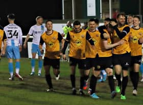 Leamington players celebrate Callum Gittings’ goal against Burton Albion on Tuesday evening which takes them into the Birmingham Senior Cup final  Picture by Sally Ellis