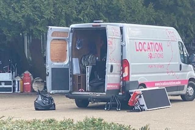 The film crew setting up in Jephson Gardens to shoot scenes for the forthcoming ITV mini-series Stonehouse.