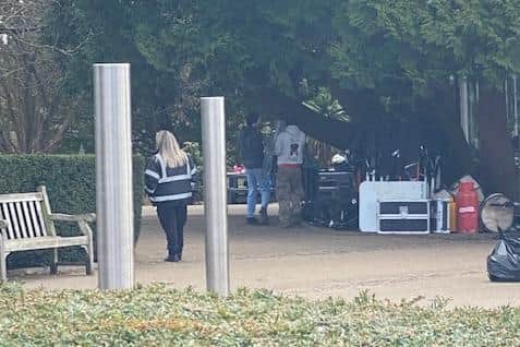 The film crew setting up in Jephson Gardens to shoot scenes for the forthcoming ITV mini-series Stonehouse.