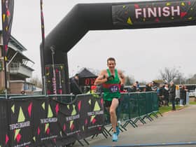 Winner of the men's Wigley Group Warwick Half Harathon Ian Allen crossing the finish line. Photo supplied