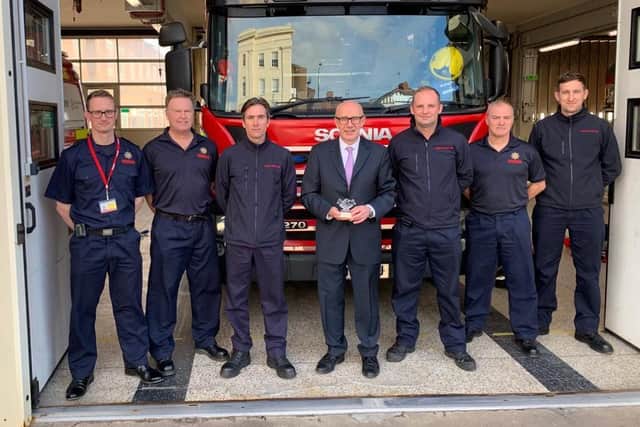 Matt with first responders to August’s major fire from Leamington fire station including Jon Freeman to his right and Will Maddern to his left. Chief Fire Officer Rob Allen on the far left.