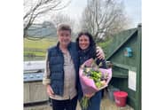Steve Taylor presented Pip Blair with a bouquet during an emotional reunion at
Winchcombe Farm, a holiday retreat he runs with his wife Jo Carroll, in Upper Tysoe. Photo supplied