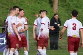 Racing Club Warwick celebrate Danny Murphy's equaliser at Worcester City