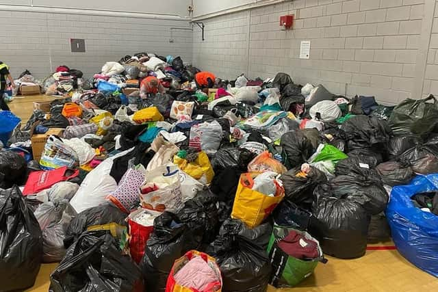 The pile of donations left at the drop-off point at Castle Farm, Kenilworth.