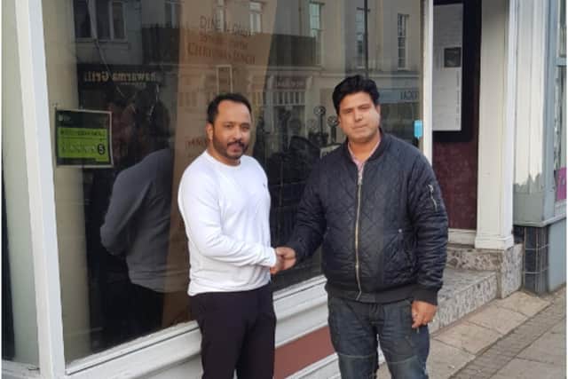 Baabzi Miah (left) with his business partner Nasir Hussain (right) outside the new restaurant premises in Leamington. Photo supplied