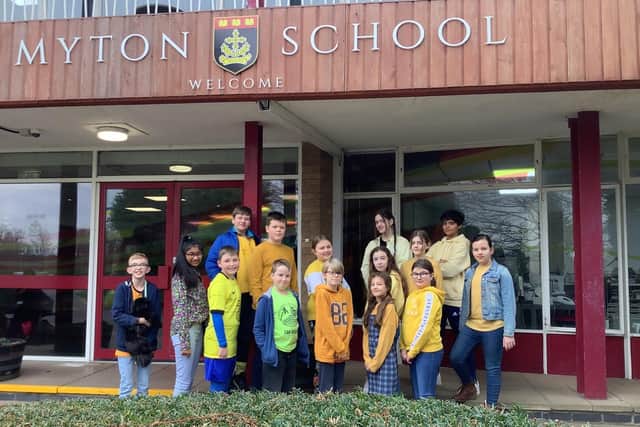 Myton School held a non-uniform fundraising event where they wore blue and yellow. The photo shows Year 7 pupils taking part. Photo supplied