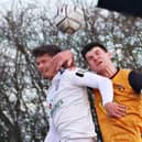 Jack Edwards winning an aerial battle with Hereford   PICTURES BY SALLY ELLIS