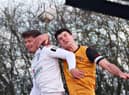 Jack Edwards winning an aerial battle with Hereford   PICTURES BY SALLY ELLIS