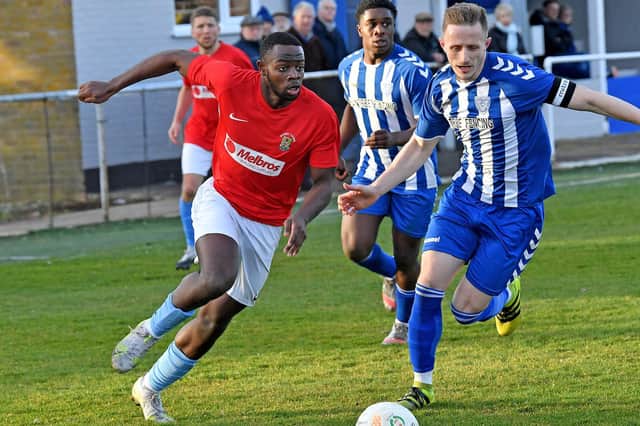 Madundo Semahimbo - who scored his first goal for Rugby against Eynesbury at the weekend - was their Star Man on Tuesday at Newport Pagnell, finding the net again  (Picture v Eynesbury by Martin Pulley)