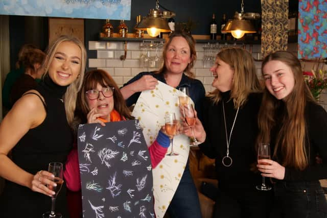 Left to right: Sophie Langston, Designer Claret; artist Juliet Bawden; artist Diane Maybey; Clare Underwood, founder of Designer Claret; Rhoda Barton, Designer Claret. Photo supplied