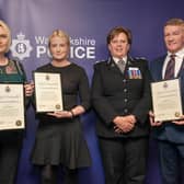 PC Lauryn Churchill with her parents Alicia and Darrell receive Chief Constable's Commendations from Warwickshire Chief Constable Debbie Tedds at the awards ceremony on March 17.