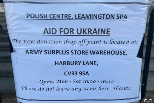 A sign outside The Polish Centre in Leamington to direct people to the warehouse in  Harbury Lane.