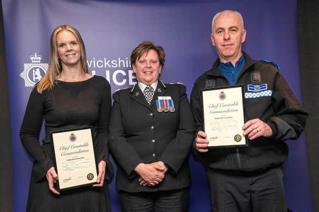 PSCOs Helena Seal and Tony Winter, with their awards presented by Chief Constable Debbie Tedds.