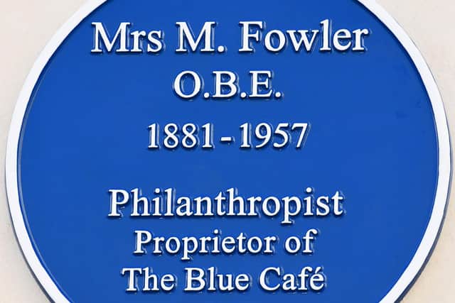 The blue plaque put in place in Bath Street, Leamington, for Margaret Fowler OBE.