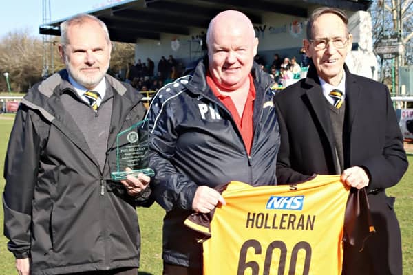 Leamington Manager Paul Holleran (centre) marking 600 games in charge with Director Kevin Watson and Club Ambassador Brian Knibb