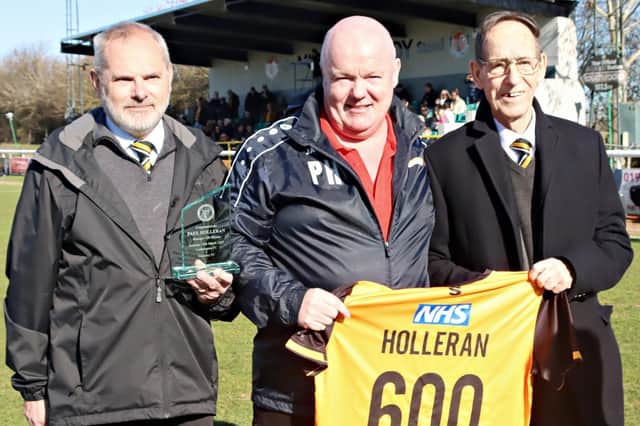 Leamington Manager Paul Holleran (centre) marking 600 games in charge with Director Kevin Watson and Club Ambassador Brian Knibb
