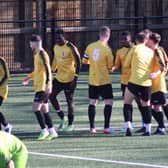 Racing Club Warwick celebrate Romario Martin's leveller against Boldmere St Michaels