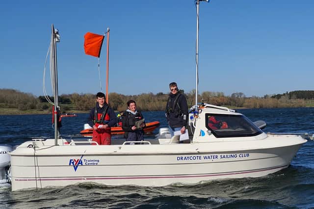 Draycote sailors, all aged 17, running the racing - Ted Ball, Millie Irish and Ethan Cheshire. Picture by Jonathan Hughes