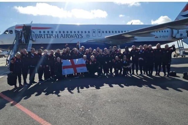 The England walking football teams arriving in Sweden after their British Airways flight