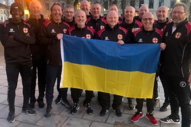 England walking footballers showing support for the Ukrainian cause
