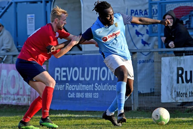 Edwin Ahenkorah breaking down the left wing against Biggleswade United