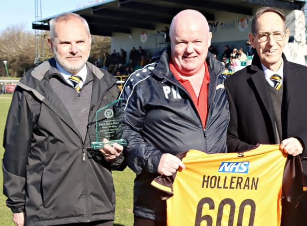 Manager Paul Holleran marking his 600th game with Director Kevin Watson and Club Ambassador Brian Knibb (by Sally Ellis)