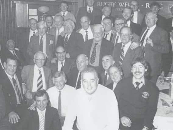 Roy Davies, in the front, with other Rugby Welsh RFC members at the Bakehouse Lane clubhouse in the early 1980s