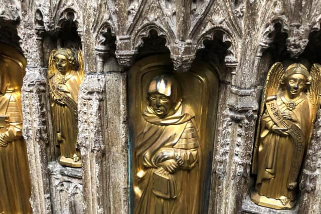 The statuette of Richard Neville, the 16th Earl of Warwick — aka Warwick the Kingmaker — on the tomb of his father-in-law Richard Beauchamp. It is the only known depiction of Neville to be made in his lifetime. Photo supplied