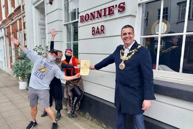 The Mayor, Cllr Terry Morris celebrating the reopening of Ronnie's. Photo supplied