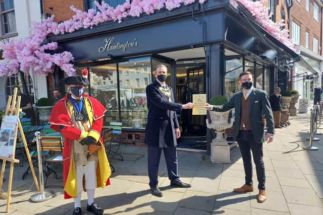 The Mayor, Cllr Terry Morris and Michael Reddy the Town Crier, at Hamlington's. Photo submitted