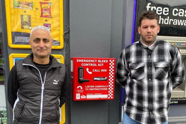 Gurpal Jhutty, the owner of the Nisa supermarket in High Street, Leamington, with Benjamin Spann, the founder of the Change Your Life Put Down Your Knife campaign.