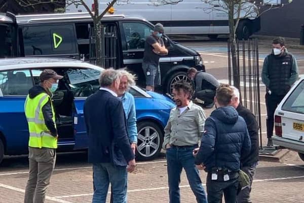 Jeremy Clarkson, Richard Hammond and James May in the former Mothercare car park in Leamington. Photo by Max Morgan