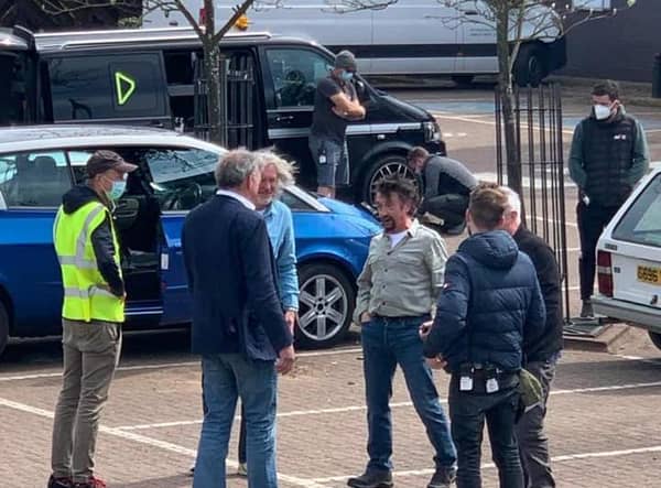 Jeremy Clarkson, Richard Hammond and James May in the former Mothercare car park in Leamington. Photo by Max Morgan
