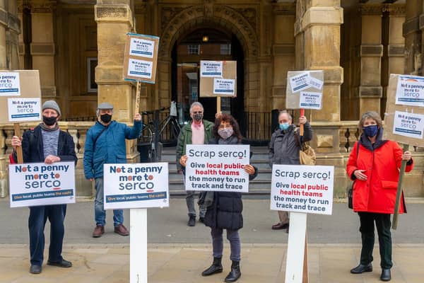 Supporters of South Warwickshire Keep our NHS Public (SWKNOP) demonstrated outside Leamington Town Hall yesterday (Tuesday April 27) about Test and Trace.