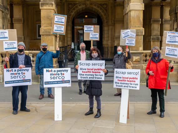 Supporters of South Warwickshire Keep our NHS Public (SWKNOP) demonstrated outside Leamington Town Hall yesterday (Tuesday April 27) about Test and Trace.