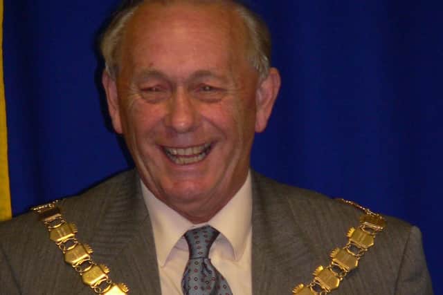 Dave Stocks wearing the Mayoral chain at a Whitnash town council meeting. Photo supplied