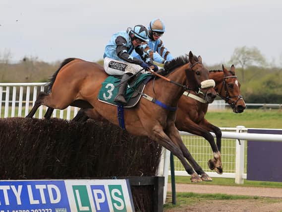 Hazzaar (left) and Statuario jumping the last in the Watch On Racing TV Novices' Handicap Chase at Warwick on Monday (Picture by David Pratt)
